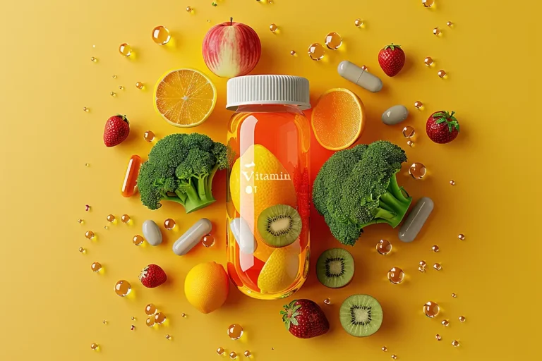 Vitamin C concept with fruits vegetables and pills, Benefits of Vitamin Supplementation for Health & Wellness