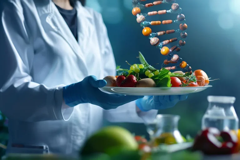 Nutrigenomics Test for Nutrient Deficiencies, Nutritionist lab technician with nutrients and DNA