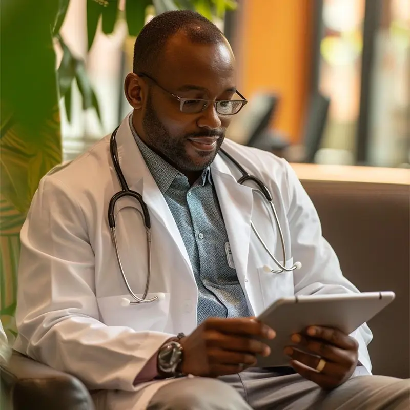 Doctor in a lab coat using a tablet
